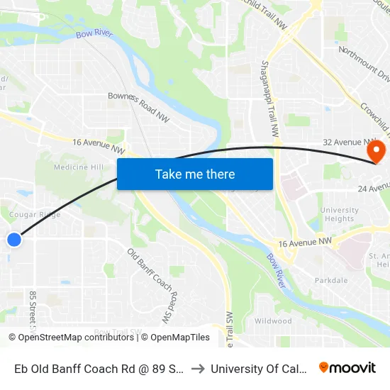 Eb Old Banff Coach Rd @ 89 St SW to University Of Calgary map