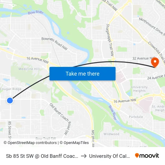 Sb 85 St SW @ Old Banff Coach Rd to University Of Calgary map