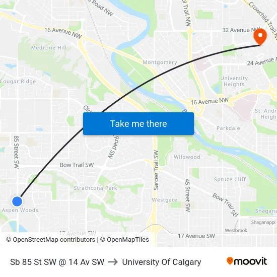 Sb 85 St SW @ 14 Av SW to University Of Calgary map