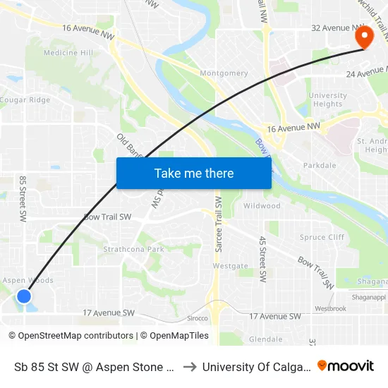 Sb 85 St SW @ Aspen Stone Bv to University Of Calgary map