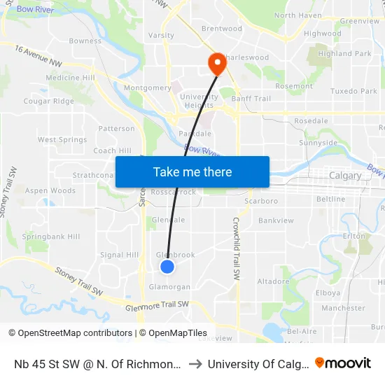 Nb 45 St SW @ N. Of Richmond Rd to University Of Calgary map