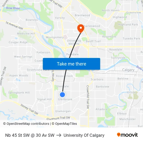 Nb 45 St SW @ 30 Av SW to University Of Calgary map