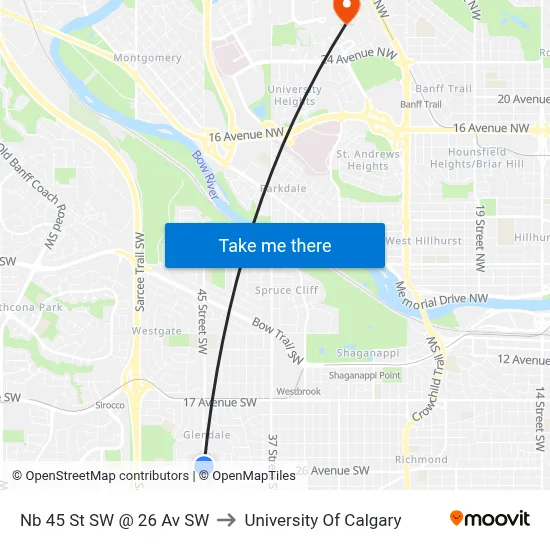 Nb 45 St SW @ 26 Av SW to University Of Calgary map