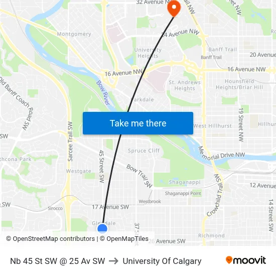 Nb 45 St SW @ 25 Av SW to University Of Calgary map