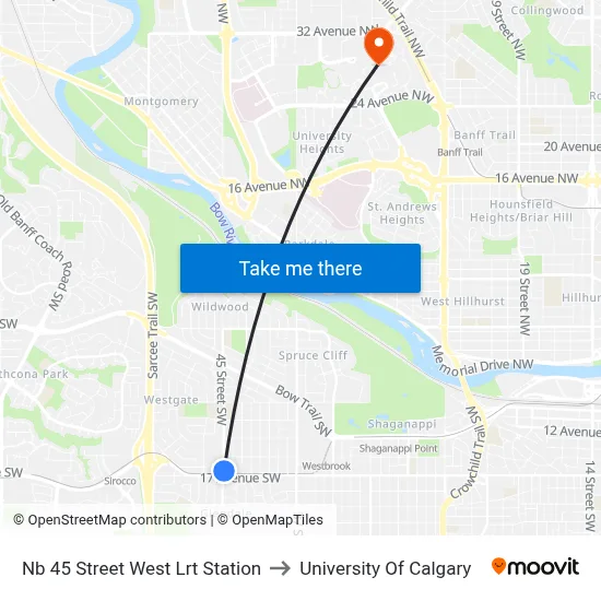 Nb 45 Street West Lrt Station to University Of Calgary map
