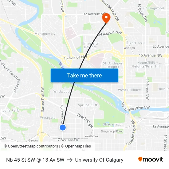 Nb 45 St SW @ 13 Av SW to University Of Calgary map