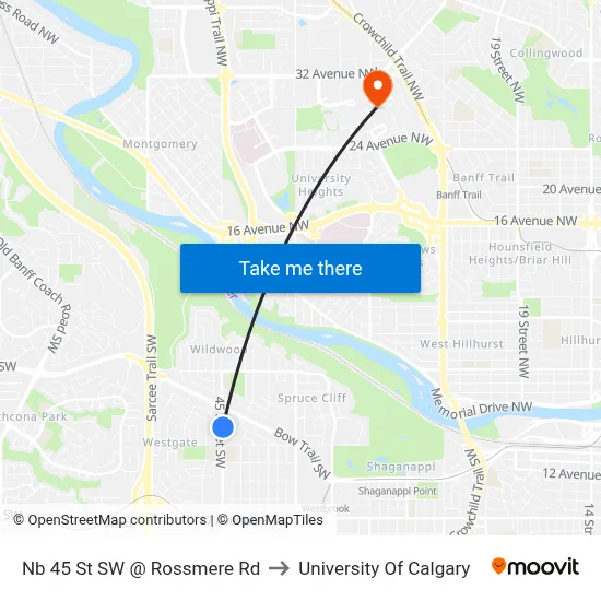 Nb 45 St SW @ Rossmere Rd to University Of Calgary map