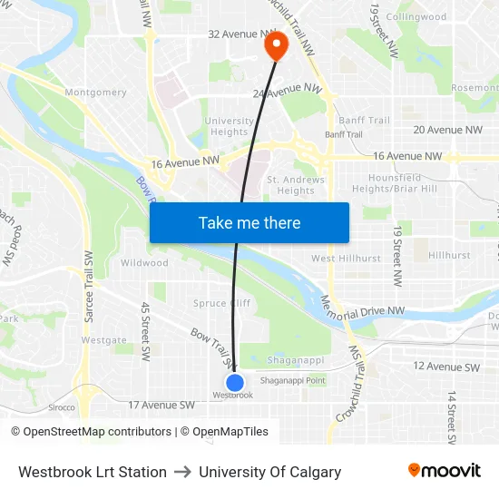 Westbrook Lrt Station to University Of Calgary map
