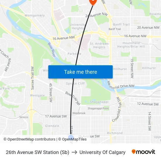 26th Avenue SW Station (Sb) to University Of Calgary map