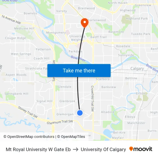 Mt Royal University W Gate Eb to University Of Calgary map