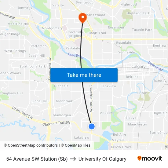 54 Avenue SW Station (Sb) to University Of Calgary map
