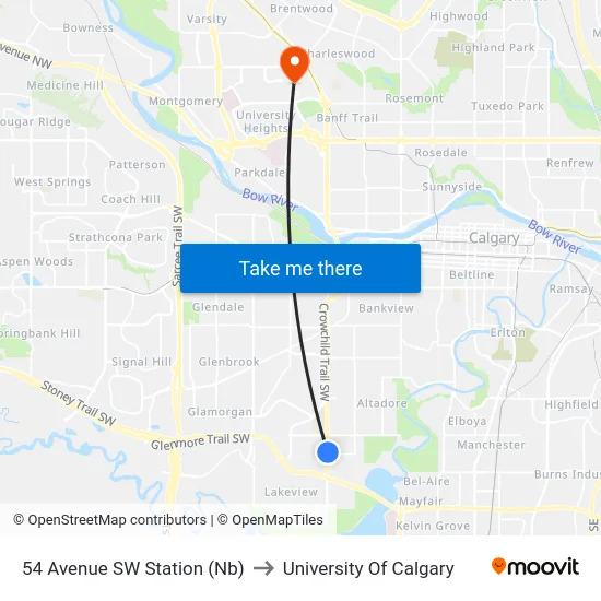 54 Avenue SW Station (Nb) to University Of Calgary map