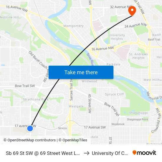 Sb 69 St SW @ 69 Street West Lrt Station to University Of Calgary map