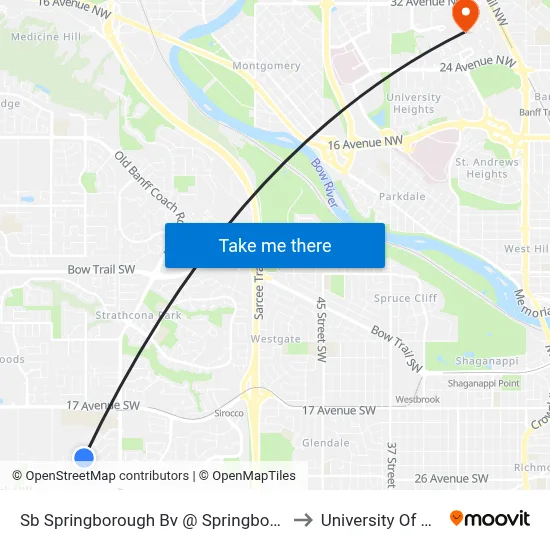 Sb Springborough Bv @ Springborough Gr SW to University Of Calgary map