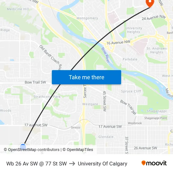 Wb 26 Av SW @ 77 St SW to University Of Calgary map