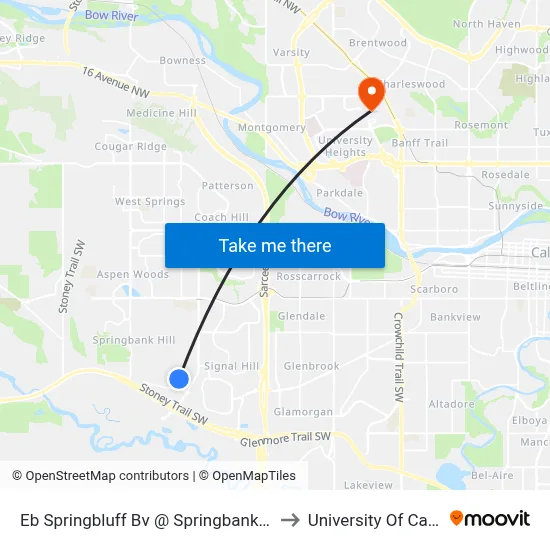 Eb Springbluff Bv @ Springbank Wy SW to University Of Calgary map
