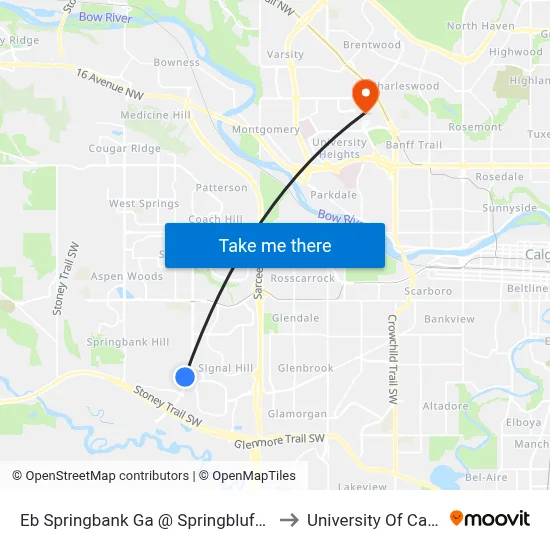 Eb Springbank Ga @ Springbluff Bv SW to University Of Calgary map