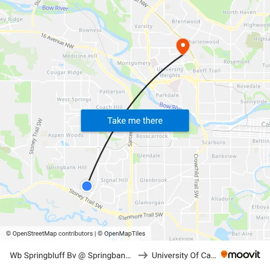 Wb Springbluff Bv @ Springbank Wy SW to University Of Calgary map