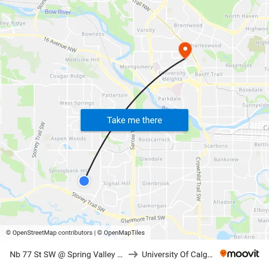 Nb 77 St SW @ Spring Valley Wy to University Of Calgary map