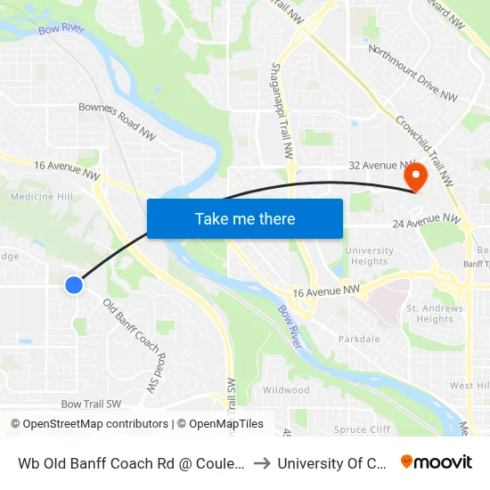 Wb Old Banff Coach Rd @ Coulee Wy SW to University Of Calgary map