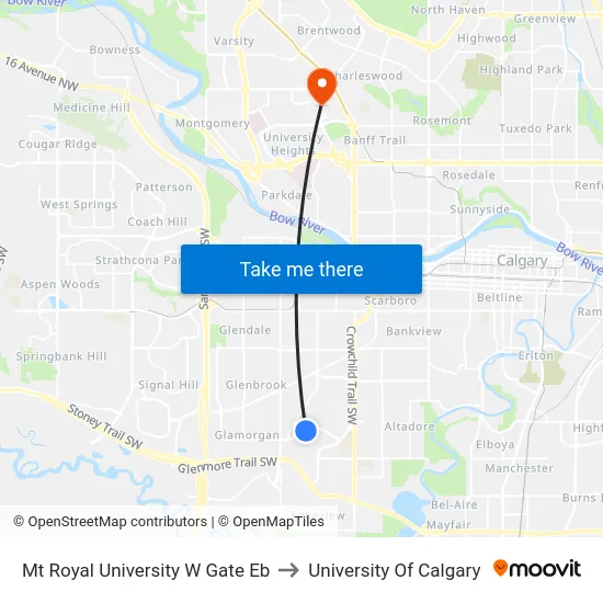 Mt Royal University W Gate Eb to University Of Calgary map