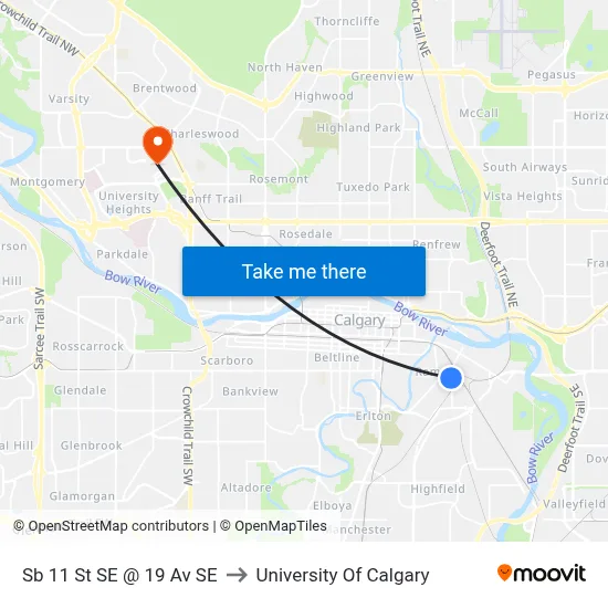 Sb 11 St SE @ 19 Av SE to University Of Calgary map