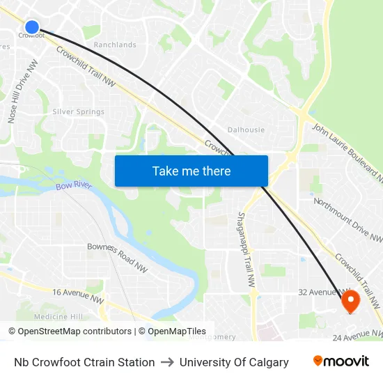 Nb Crowfoot Ctrain Station to University Of Calgary map