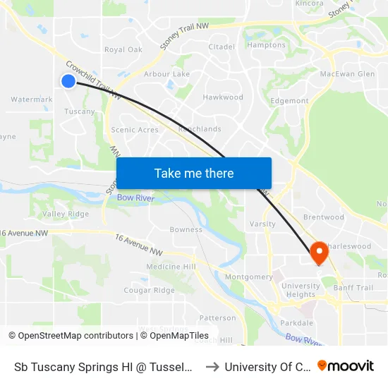Sb Tuscany Springs Hl @ Tusselwood Dr NW to University Of Calgary map