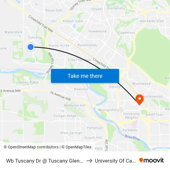 Wb Tuscany Dr @ Tuscany Glen Rd NW to University Of Calgary map