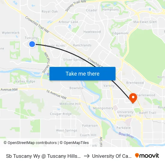 Sb  Tuscany Wy @ Tuscany Hills Pa NW to University Of Calgary map