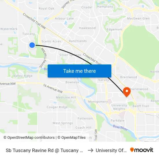 Sb Tuscany Ravine Rd @ Tuscany Meadows Cm NW to University Of Calgary map