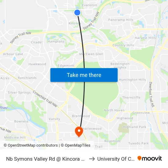 Nb Symons Valley Rd @ Kincora Glen Rd NW to University Of Calgary map