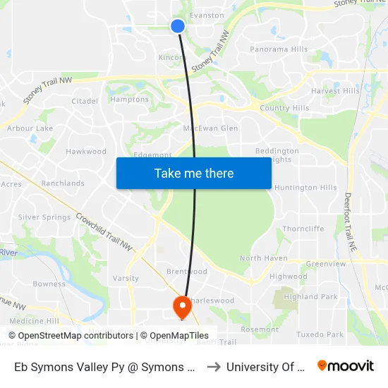 Eb Symons Valley Py @ Symons Valley Rd NW to University Of Calgary map