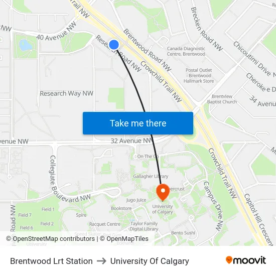 Brentwood Lrt Station to University Of Calgary map