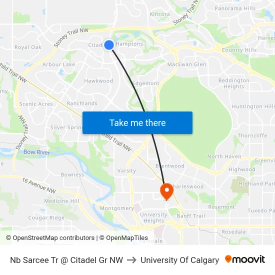 Nb Sarcee Tr @ Citadel Gr NW to University Of Calgary map