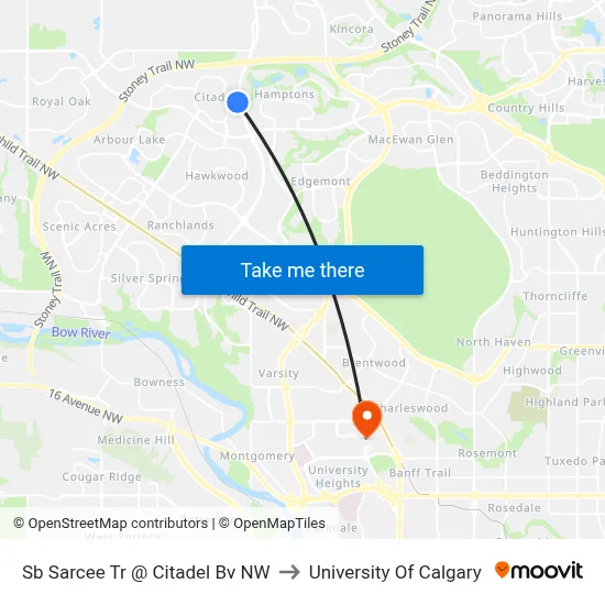 Sb Sarcee Tr @ Citadel Bv NW to University Of Calgary map