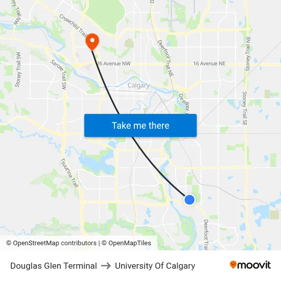 Douglas Glen Terminal to University Of Calgary map