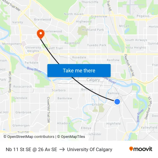 Nb 11 St SE @ 26 Av SE to University Of Calgary map