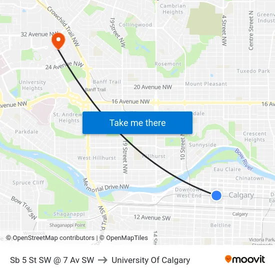 Sb 5 St SW @ 7 Av SW to University Of Calgary map