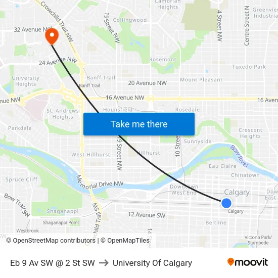 Eb 9 Av SW @ 2 St SW to University Of Calgary map