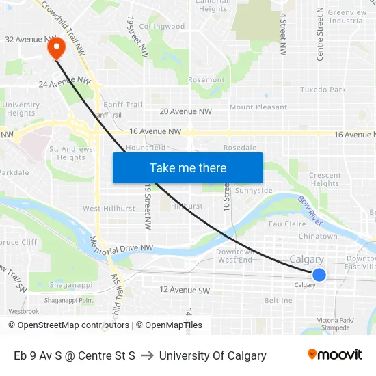 Eb 9 Av S @ Centre St S to University Of Calgary map