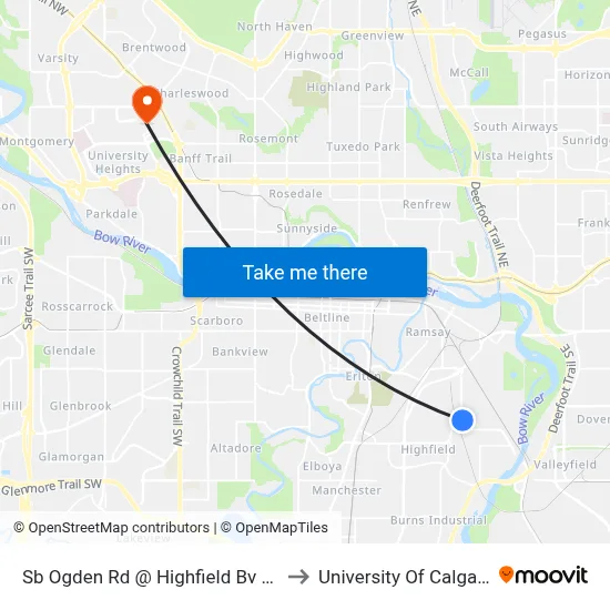 Sb Ogden Rd @ Highfield Bv SE to University Of Calgary map