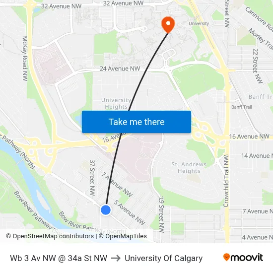 Wb 3 Av NW @ 34a St NW to University Of Calgary map
