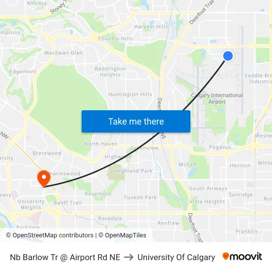 Nb Barlow Tr @ Airport Rd NE to University Of Calgary map