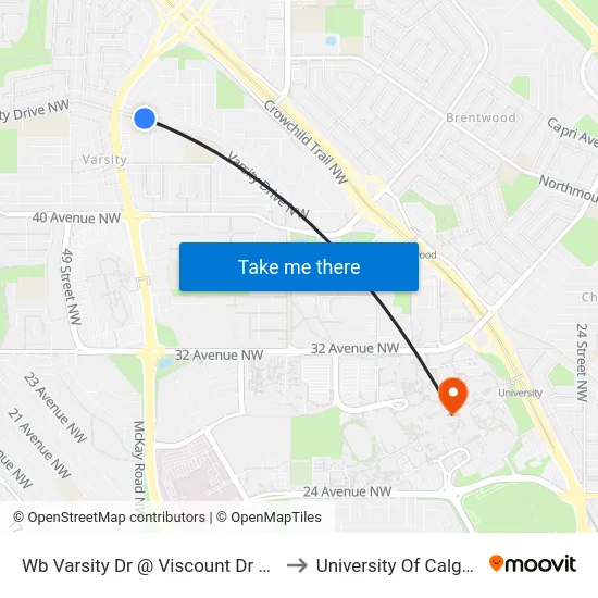 Wb Varsity Dr @ Viscount Dr NW to University Of Calgary map