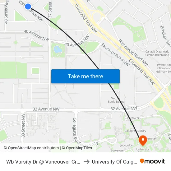 Wb Varsity Dr @ Vancouver Cr NW to University Of Calgary map