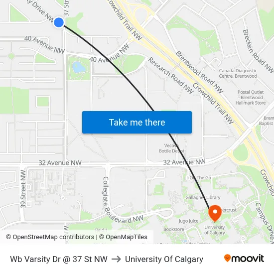 Wb Varsity Dr @ 37 St NW to University Of Calgary map