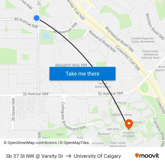 Sb 37 St NW @ Varsity Dr to University Of Calgary map