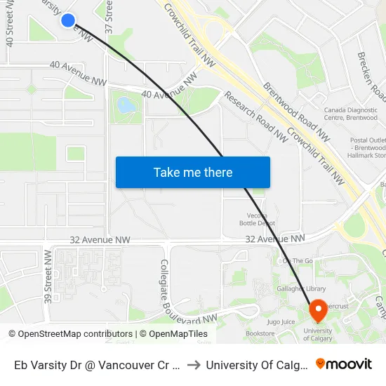 Eb Varsity Dr @ Vancouver Cr NW to University Of Calgary map