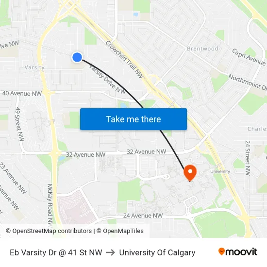 Eb Varsity Dr @ 41 St NW to University Of Calgary map